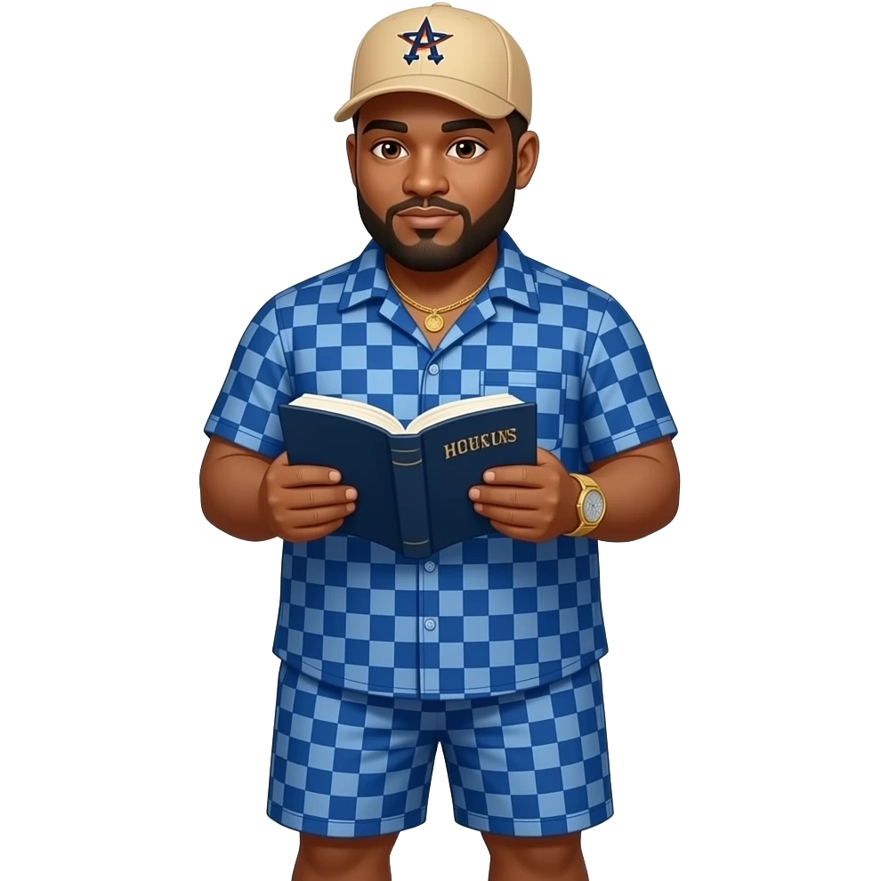 Chubby man with light honey skin tone with lightly shaved black beard wearing a blue button up short sleeve shirt with matching shorts with square pattern design wearing a beige Huston Astros logo baseball cap wearing a gold watch wearing a gold tennis necklace reading the Bible emoji