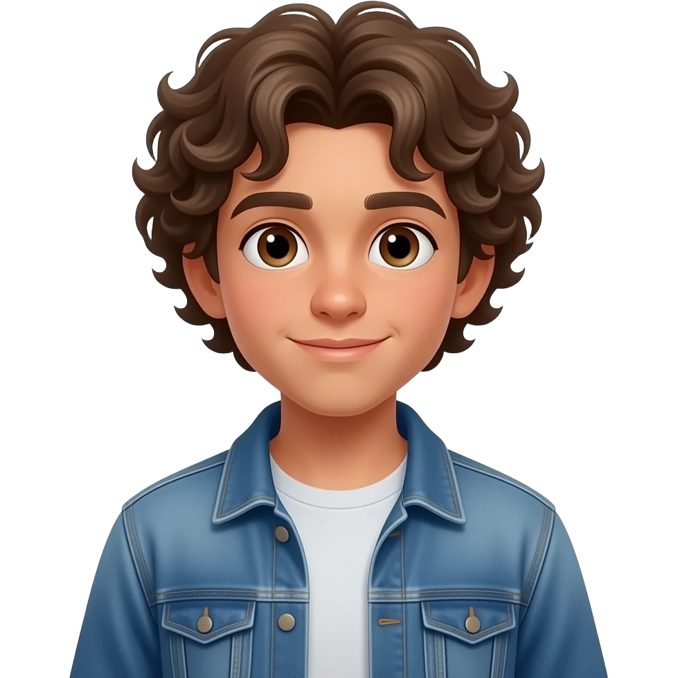 Hazme con el cuerpo entero un chico con pelo rizado largo hacia abajo, ojos marrones, boca y nariz mediana. Bajito de constitución un poco fuerte, bronceado, que este escalando de espaldas con una camiseta y una chaqueta tejana, doce años, bajito y que se le vea solo la espalda y la cabeza. emoji