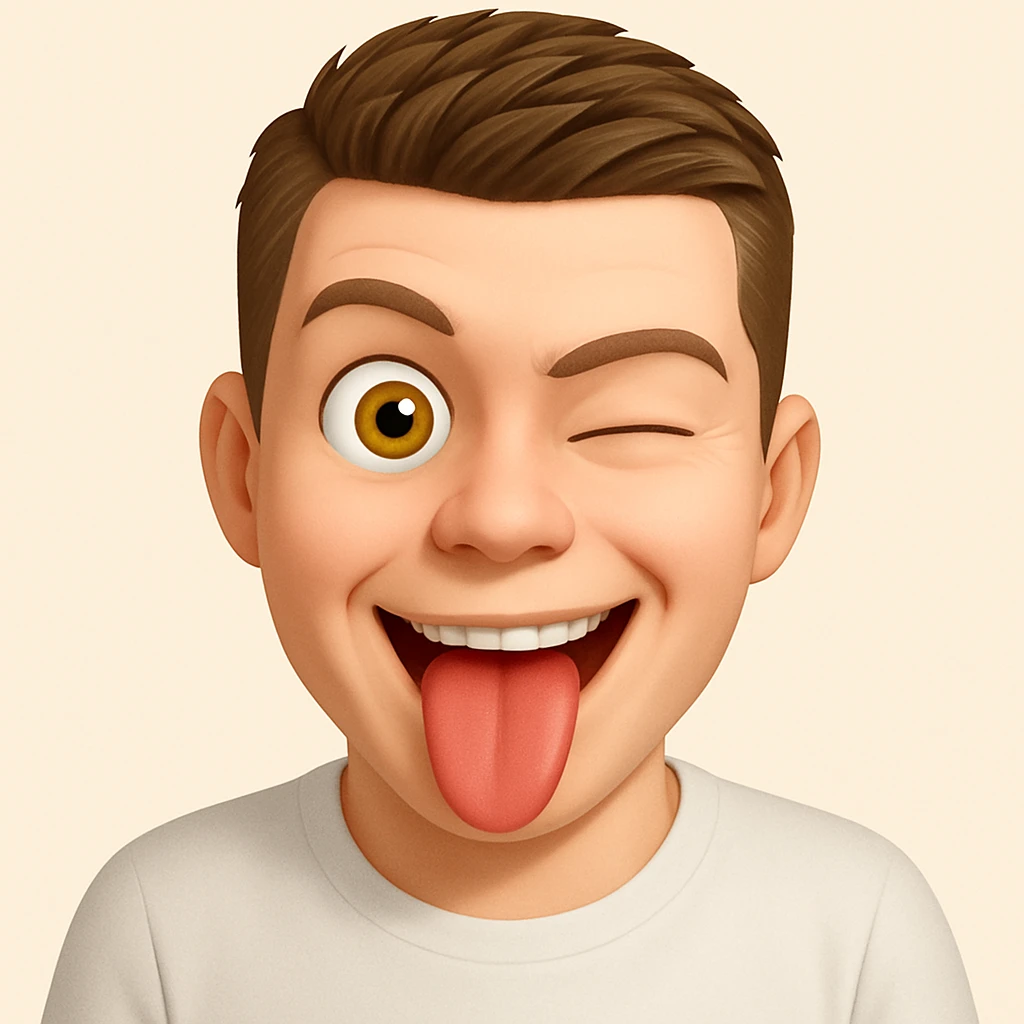 Based on these photos, make an emoji with facial features preserved, man in white t-shirt, crazy emoji