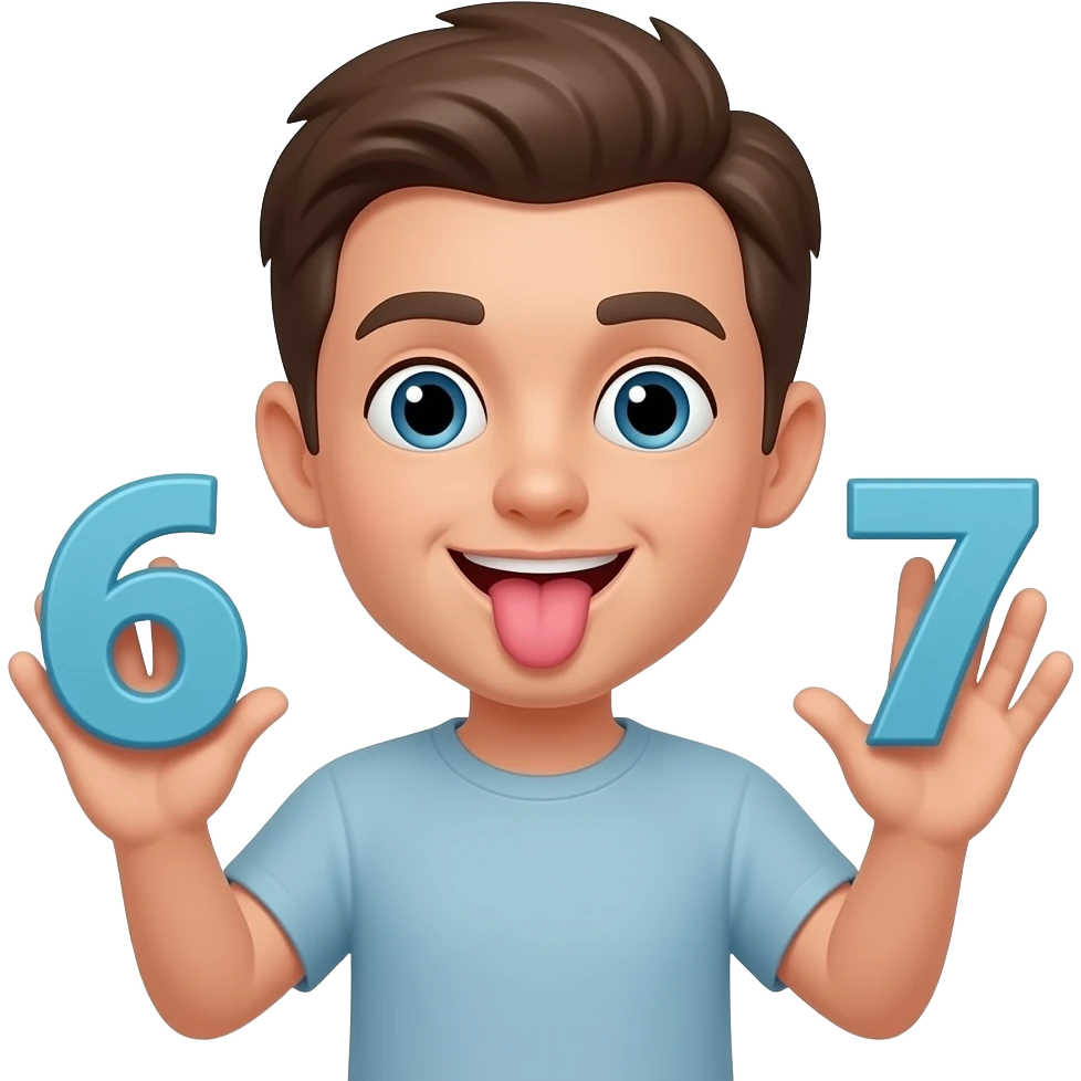 Make a emoji of the joke 6 7 make him holding the 6 7 in his palms don't show the palms make his tongue stick out emoji