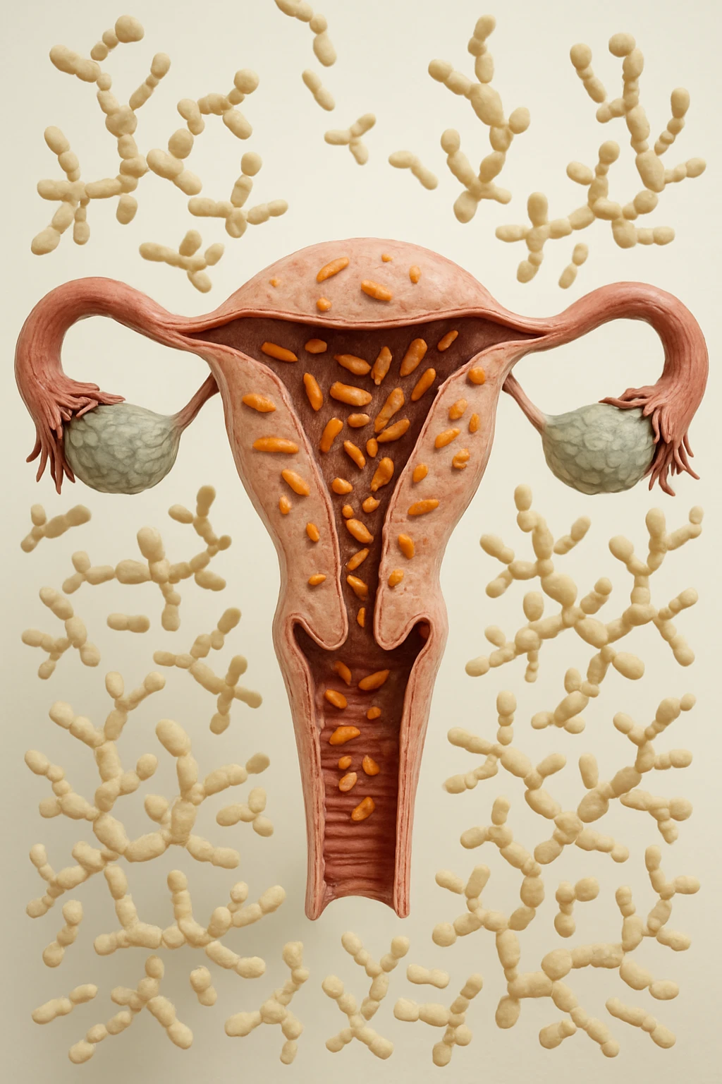 utero umano realistico con batteri della candida intorno, la foto si deve vedere per intero in formato verticale, sullo sfondo neutro chiaro ci sono batteri della candida, iperrealistico 4k emoji