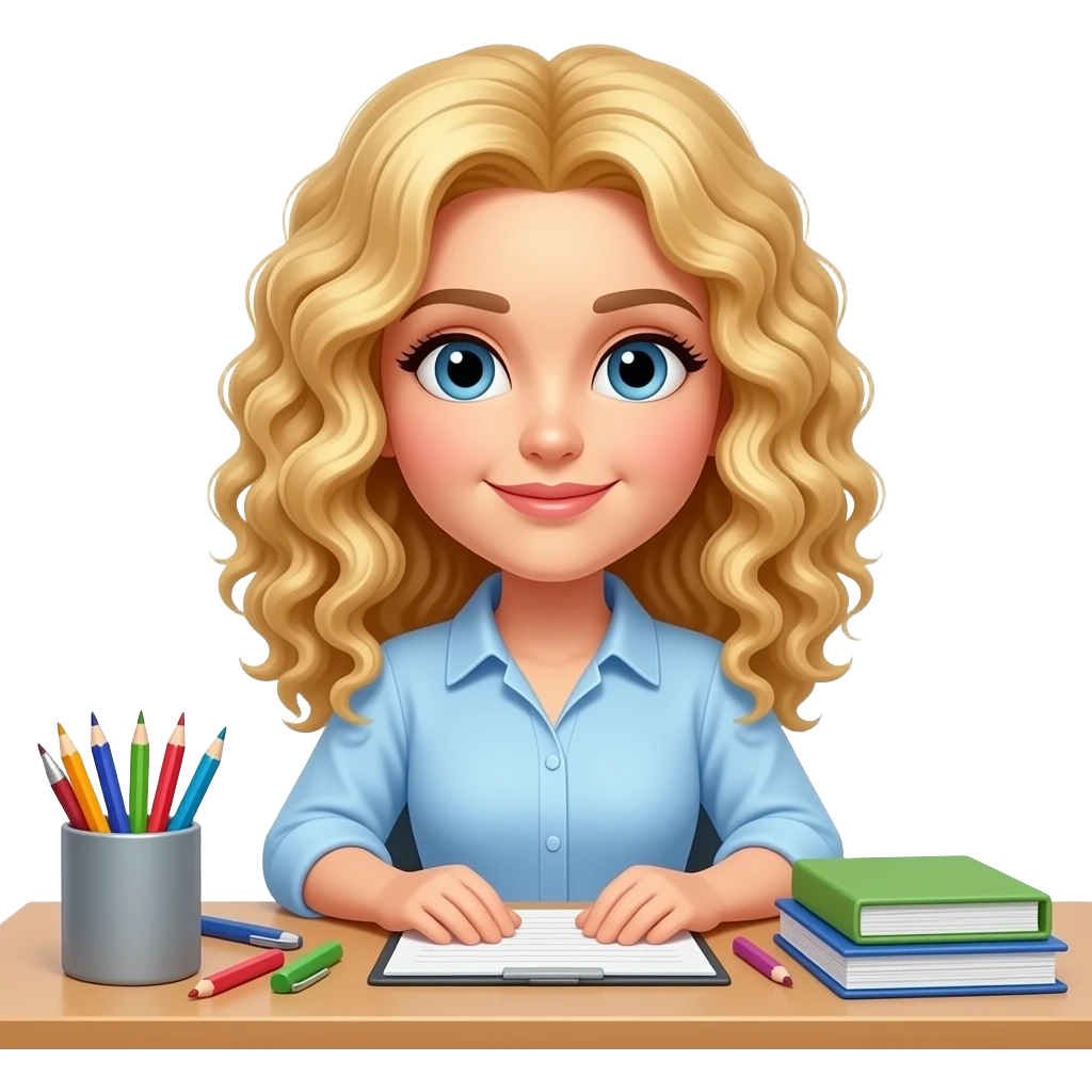 blonde tight curly hair with office supplies on a desk emoji
