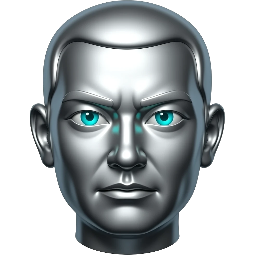 "A polished chrome typical chinese statue head, front-facing, serious focused expression, glowing cyan (#00D4B1) eyes, dark background. Metallic reflections with subtle cyan light accents. Clean, no background, emoji style, high detail. The statue represents discipline, focus and self-mastery." emoji