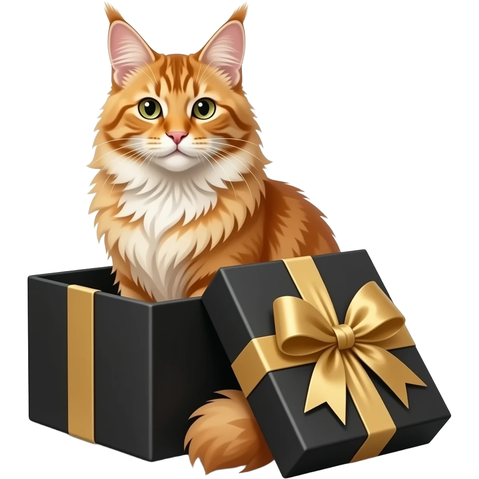 orange maine cat sitting elegantly in a black gift box emoji
