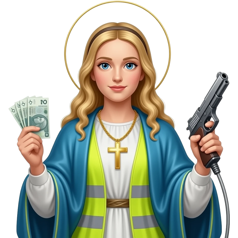 blond virgin marry with gloden cross necklace in neon yellow highviz clothes with a polski złoty bank notes in hand and in left hand power washer pistol emoji