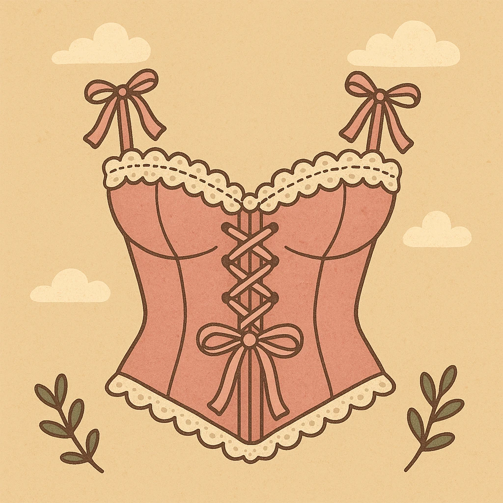 a pink lacey coquette corset, delicate and feminine, with ribbons and lace details, modern illustration style emoji
