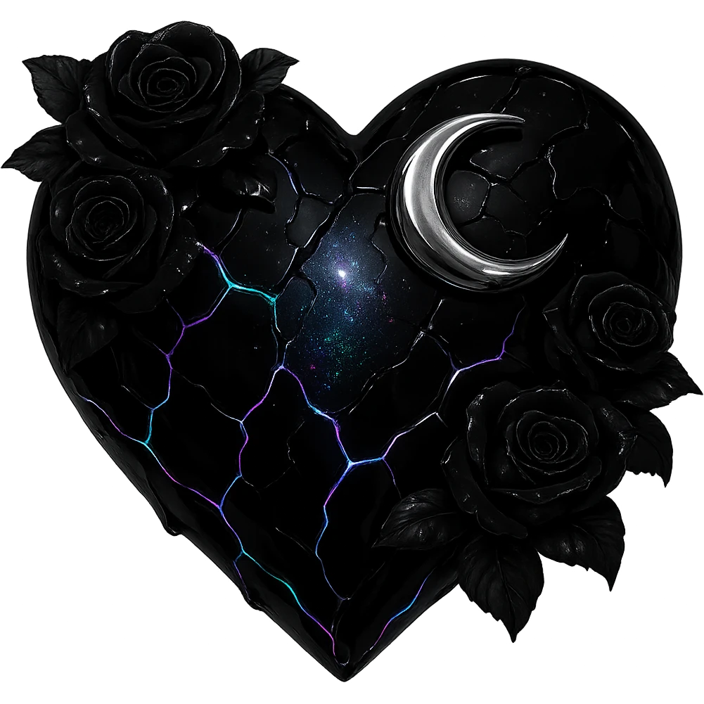 Edit the gothic heart to have cracked deep black glass, silver crescent moon, black roses, shimmering holographic stardust, neon lightning accents, and a glossy wet appearance. Keep the background transparent. Maintain the gothic heart style and details. emoji