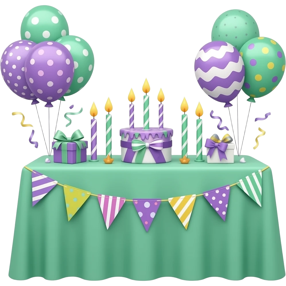 green purple Table with birthday decorations, transparent background inspired by barbie colour pallete emoji