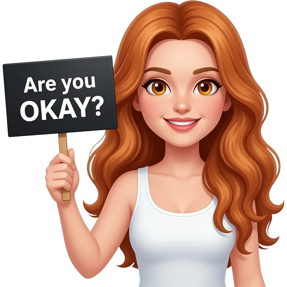 sexy girl with long wavy ginger hair and ginger eyes wearing a white tanktop is holding a black colored sign with Are you OKAY? written on it emoji