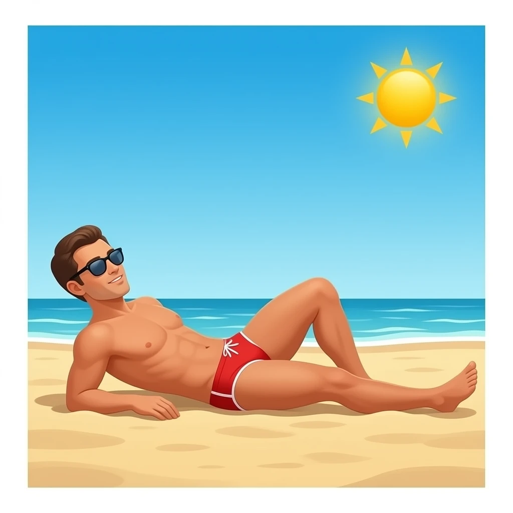 Erstelle ein Bild von einem Strand, mit im Bild ist ein Mann zusehen der sich im liegen sonnt, er trägt rote enge speedo und Oberkörper frei und trägt eine Sonnenbrille emoji