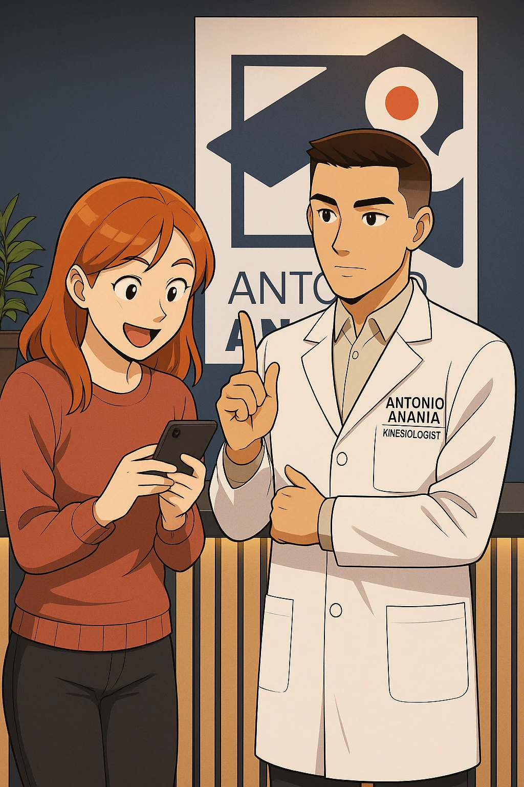 su questo stile fai un manga/webtoon a colori in cui una donna CONTROLLA ENTUSIASTA LO SMARTPHONE MENTRE PARLA CON L'UOMO, l'uomo della foto in stile manga LE DICE DI "NO" CON IL DITO, mantieni un ambiente simile alla foto che ho allegato con il suo logo (sarebbe il suo studio, lui è un kinesiologo), scrivigli "ANTONIO ANANIA" sul camice bianco, non mettere fumetti, ma fai in modo che sembri che la donna CONTROLLI LO SMARTPHONE E L'UOMO CON I GESTI LE FACCIA CAPIRE CHE STA SBAGLIANDO emoji