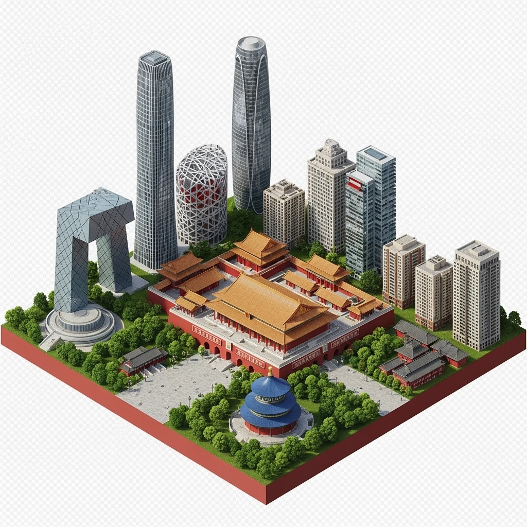 Isometric miniature of Beijing Forbidden City, Tiananmen Square, CCTV Headquarters, Temple of Heaven, China Zun skyscraper, Bird’s Nest Stadium, Beijing apartment blocks, 3D miniature effect and Tilt Shift effect, no cartoonish look, transparent background, don't cut angles emoji