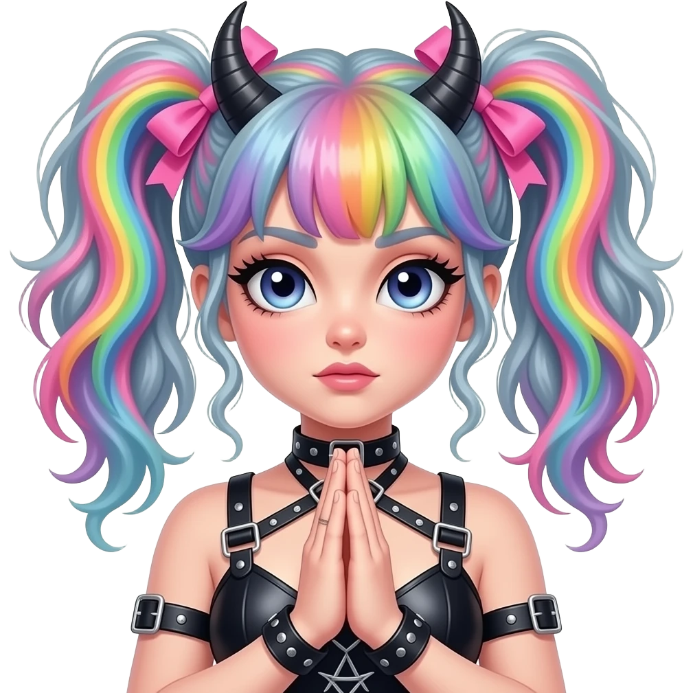 Baphomet babe freak with messy, frazzled, washed-out rainbow dyed loose space buns with frilly girly pink hair bows and bondage restraints saying a satanic prayer to her lord and daddy Lucifer emoji