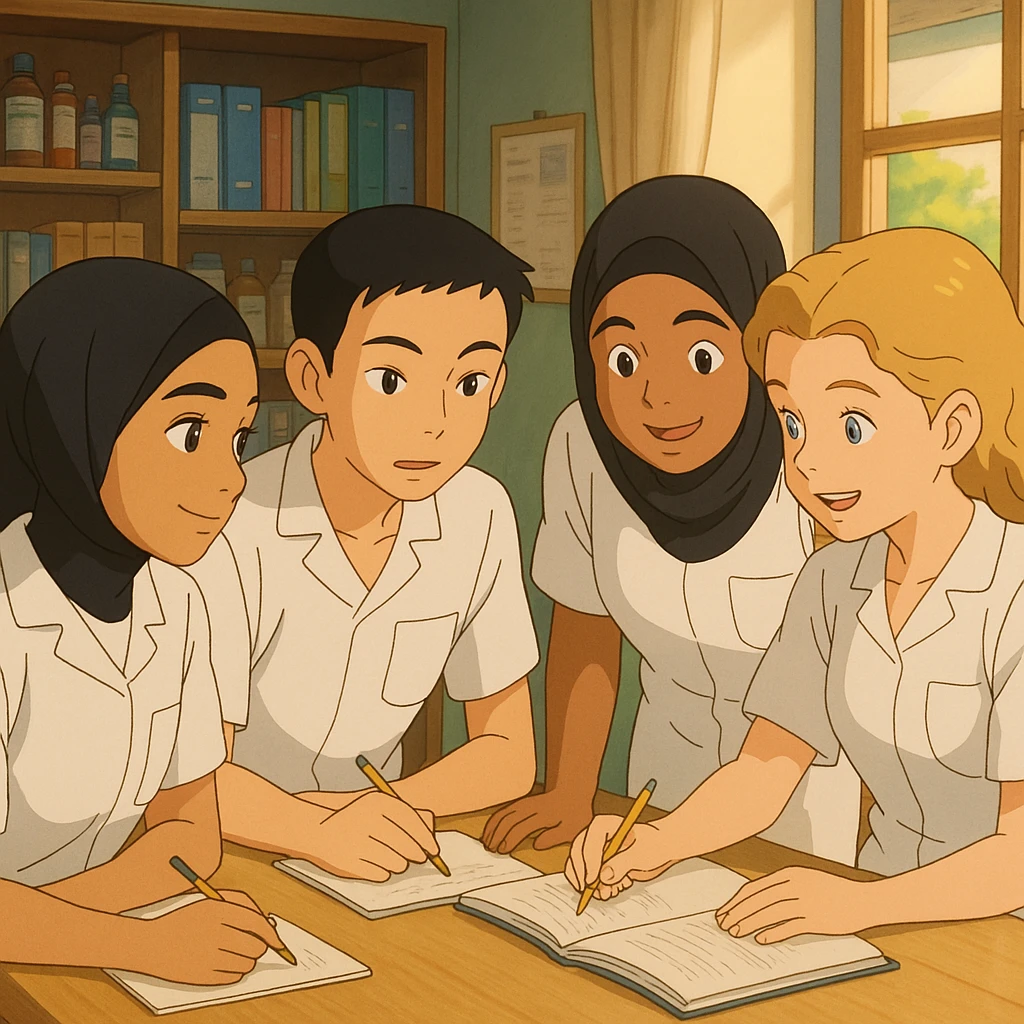 Ghibli style interior scene with four nursing students working together. They wear white short-sleeve uniforms with V-neck medical tunics and a left chest pocket, no stethoscopes or clothes under the tunic. Warm and professional atmosphere with visible interaction and a different composition. emoji
