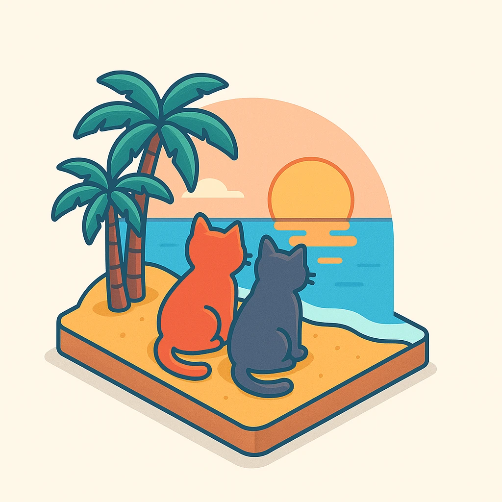 3D isometric illustration of two cats sitting on a beach at sunset with palm trees emoji