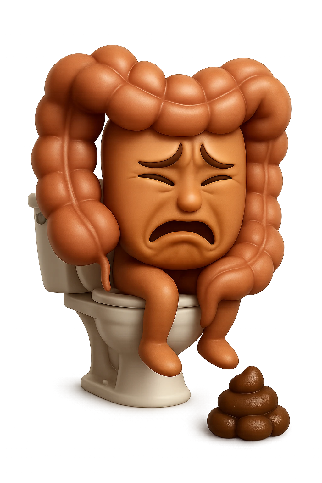 SU QUESTO STILE FAI UN EMOJI STILE IPHONE 3D DI UN INTESTINO CHE sta seduto sul wc e davanti ha una montagnetta di feci a palline stile emoji iphone, FAGLI UN ESPRESSIONE di dolore mentre si sforza E FALLO MOLTO REALISTICO IN 3D emoji