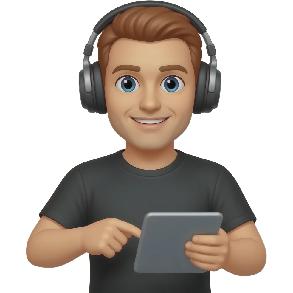 A man with headphones, wearing a black shirt, with red hair, and a tablet for playing games. emoji