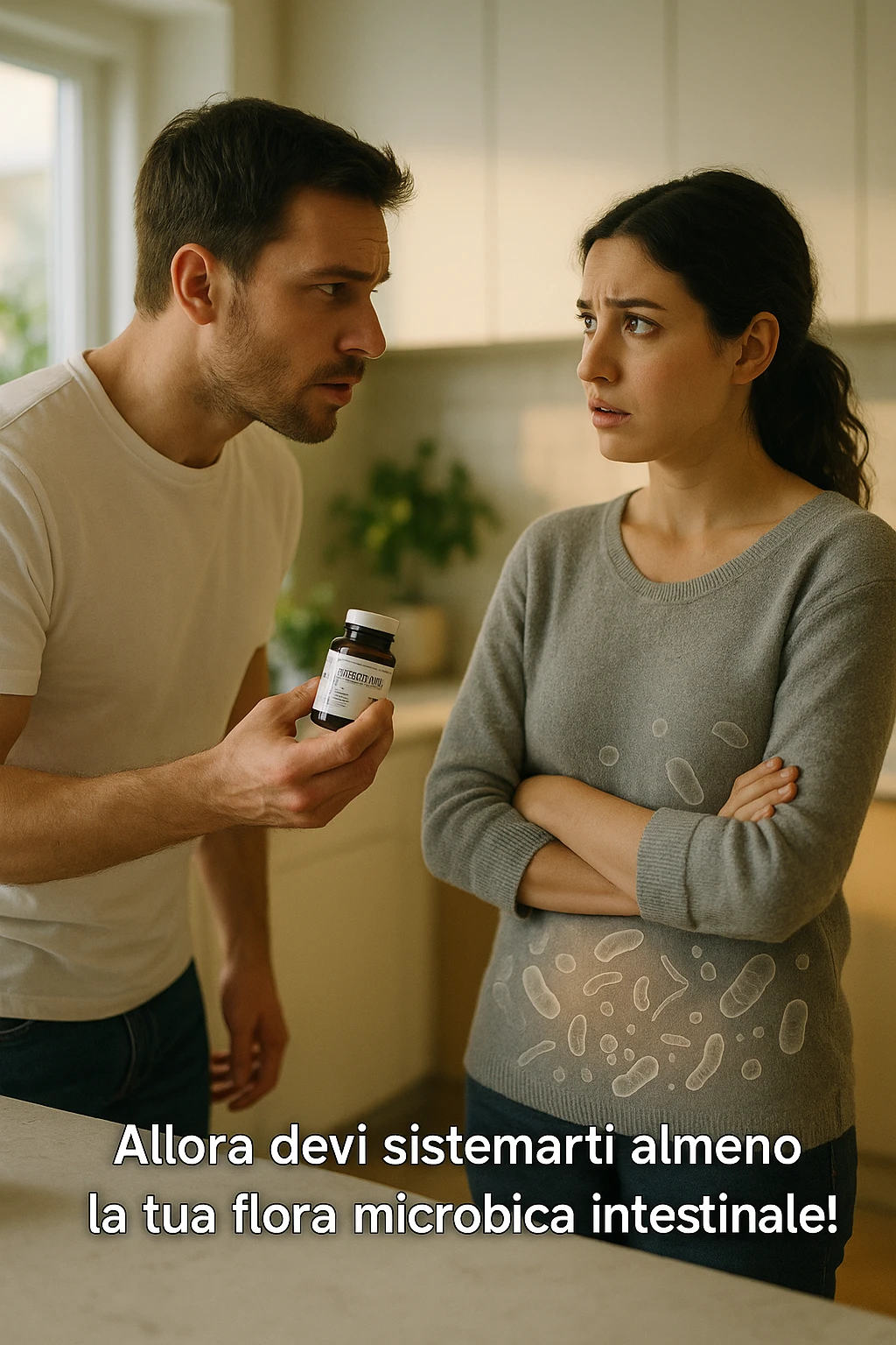 A hyper-realistic, cinematic photo of a young couple in their early 30s having a tense but calmer discussion in a bright modern kitchen. The man, fit, wearing a plain white T-shirt, holds a small probiotic supplement bottle in one hand, leaning slightly forward with a concerned yet firm expression, saying: 'Allora devi sistemarti almeno la tua flora microbica intestinale!' The woman, with dark hair in a loose ponytail, wearing a comfortable home sweater, stands with arms partially crossed, looking at him with a doubtful and confused expression, eyebrows slightly raised, lips parted as if about to respond but uncertain. Around them, faint translucent overlays of microscopic gut flora and bacteria symbols swirl softly near the woman’s abdomen, symbolizing the issue of her imbalanced gut microbiome. The kitchen is bathed in warm natural light, with green plants adding a sense of health and life, while the couple remains in sharp focus. The color palette is warm, with soft shadows and shallow depth of field highlighting the emotional tension yet care in the conversation, visually representing the discussion about gut health within the relationship emoji