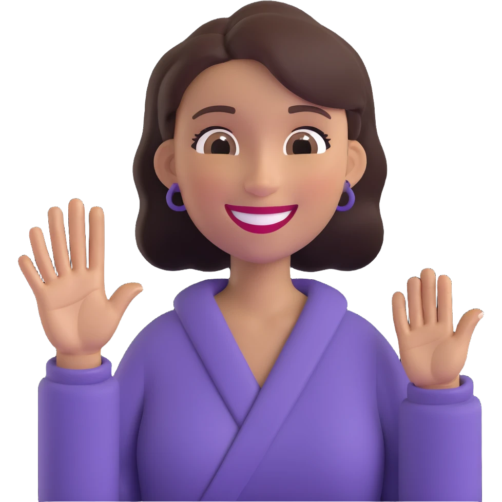 woman gesturing 'welcome' with one hand extended, inviting smile emoji