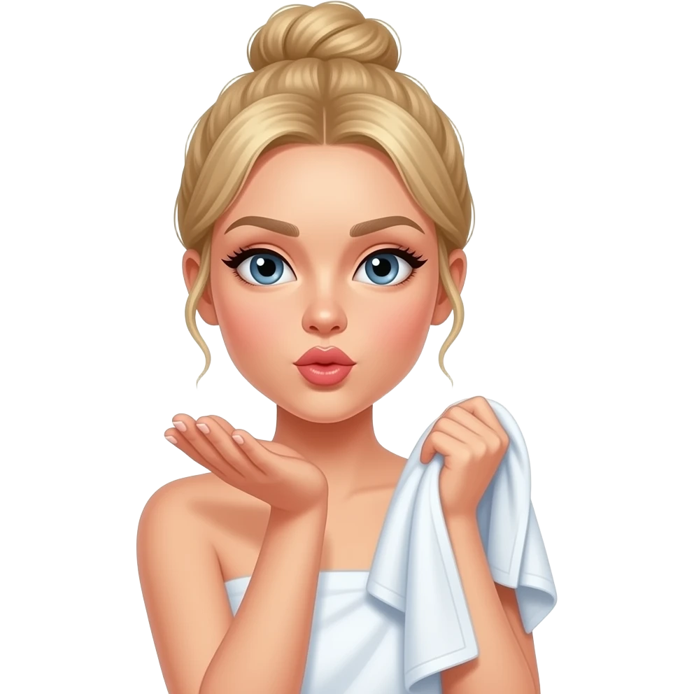 A blonde women wrapped in a towel. Her hair is twisted up in a bun. She is holding the towel up with one hand and blowing a kiss with another. Is is wet emoji
