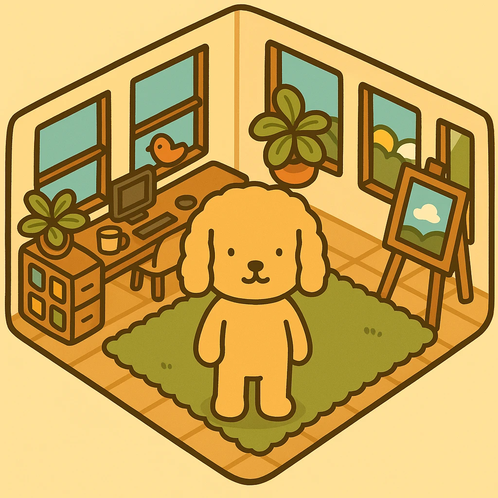 Add the character from the second image (a cute dog with simple black outline and colors) standing on the rug, centered in the room of the first image. Maintain the same style, line, and colors as the character in the second image, blending naturally into the first image's scene. emoji