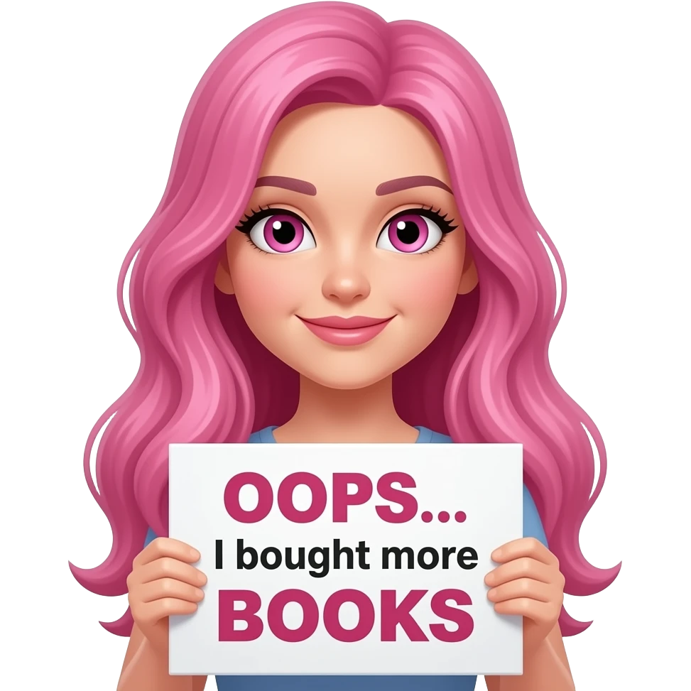 sexy girl with long pink hair and pink eyes holding a OOPS... I bought more BOOKS sign emoji