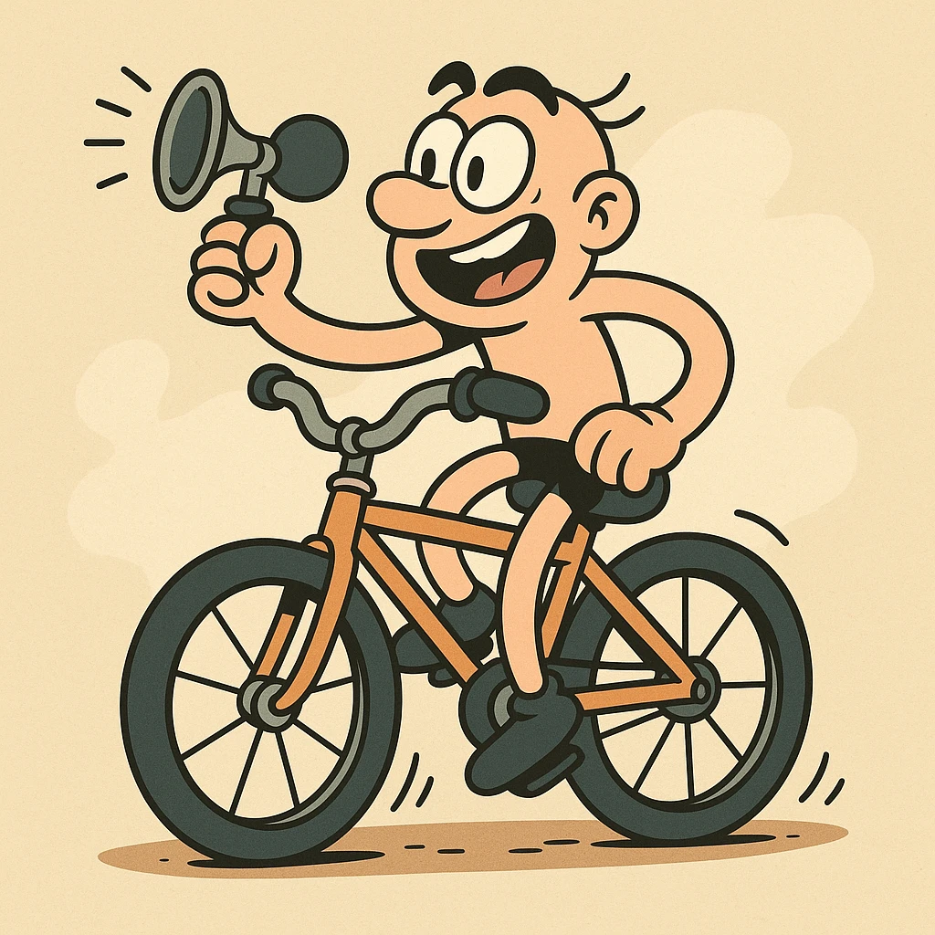 a playful illustration of a cycle featuring a classic bulb horn emoji