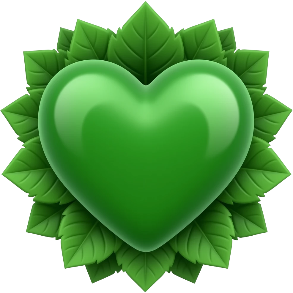 3D green heart surrounded with leaves (The Green Party style leaves), Hex Code colour: 00643b. Add a paler green reflection to the corner of the heart. Make it show success, hope, love, and unity. make sure the background is transparent emoji