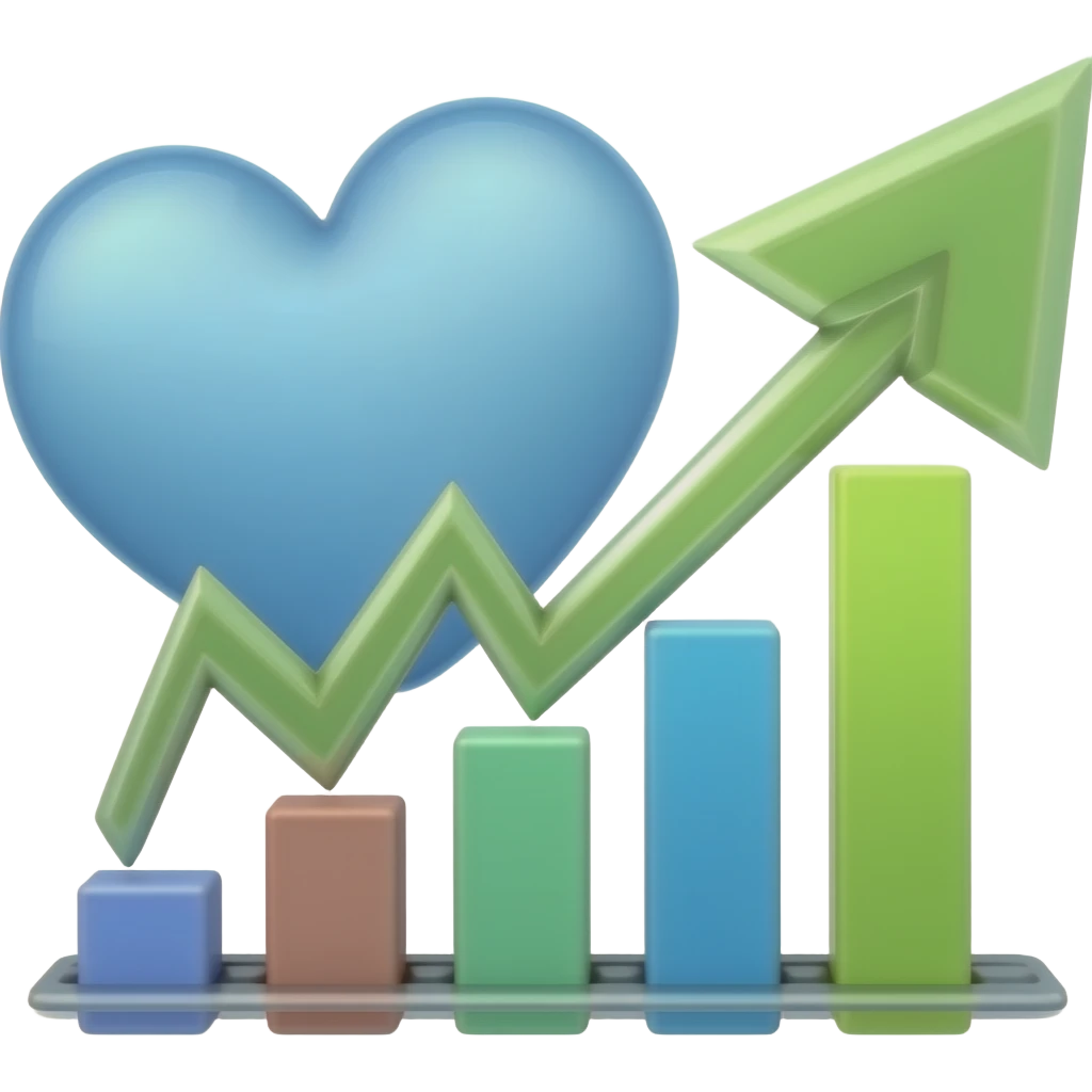 a Little  blue heart next to a small growing chart in the form of an arrow emoji