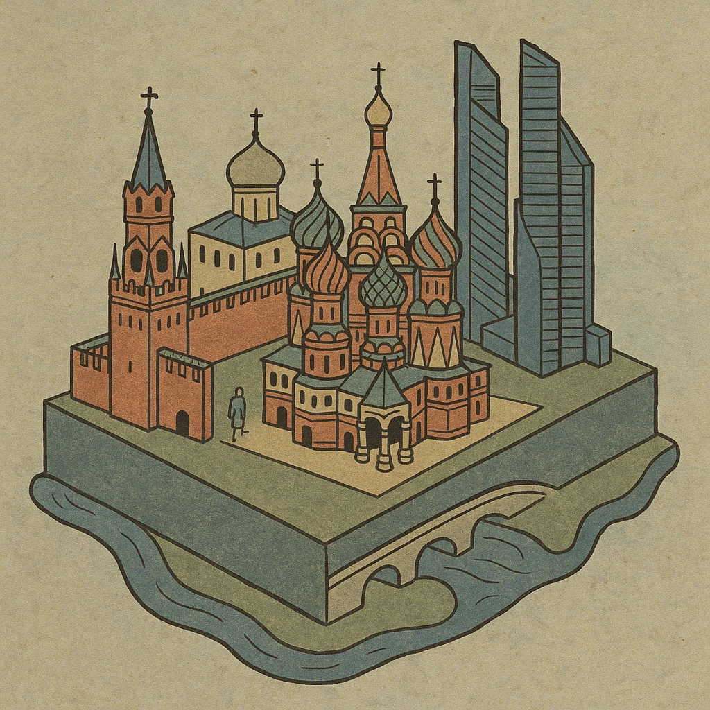Изометричная миниатюрная 3D модель Москвы на подставке - фотореалистичный Кремль, собор Василия Блаженного, Башни Москва-Сити, аккуратная детализация, яркие цвета мультяшный реализм, компактная композиция,  вид сверху в изометрии emoji