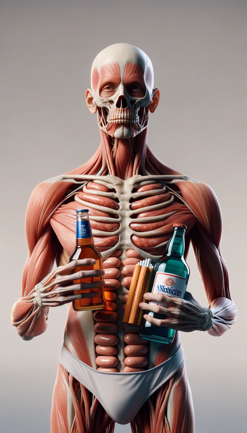 CORPO UMANO ANATOMICO CHE TRA LE BRACCIA SIGARETTE, ALCOL E WURSTEL CONFEZIONATI, LI GUARDA CON ESPRESSIONE INDECISA IN VOLTO, NEUTRAL CLEAR BACKGROUND, iperrealistico 4k emoji
