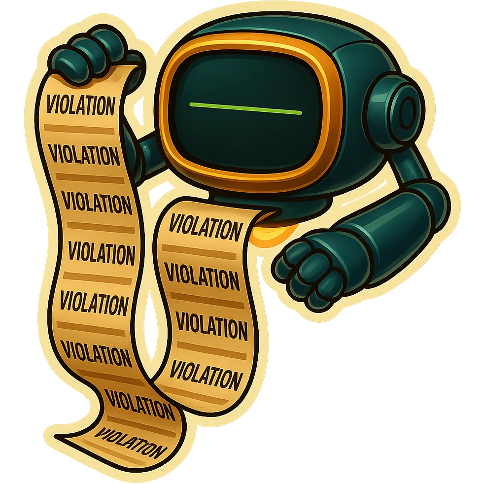 auditor robot prints out violations from a slot.  no legs. the robot hovers emoji