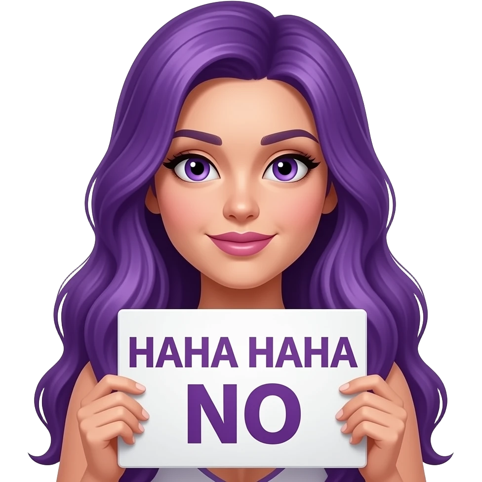 sexy girl with long purple hair and purple eyes holding a HAHA HAHA NO sign emoji