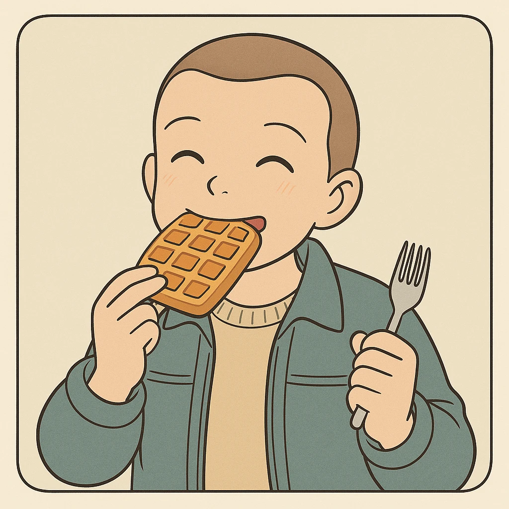 Eleven from Stranger Things eating a waffle, shaved hair, wearing a jacket, happy expression, simple line art with light pastel tones and thick outlines, in Ghibli style, 1:1 format, inspired by the provided references. emoji