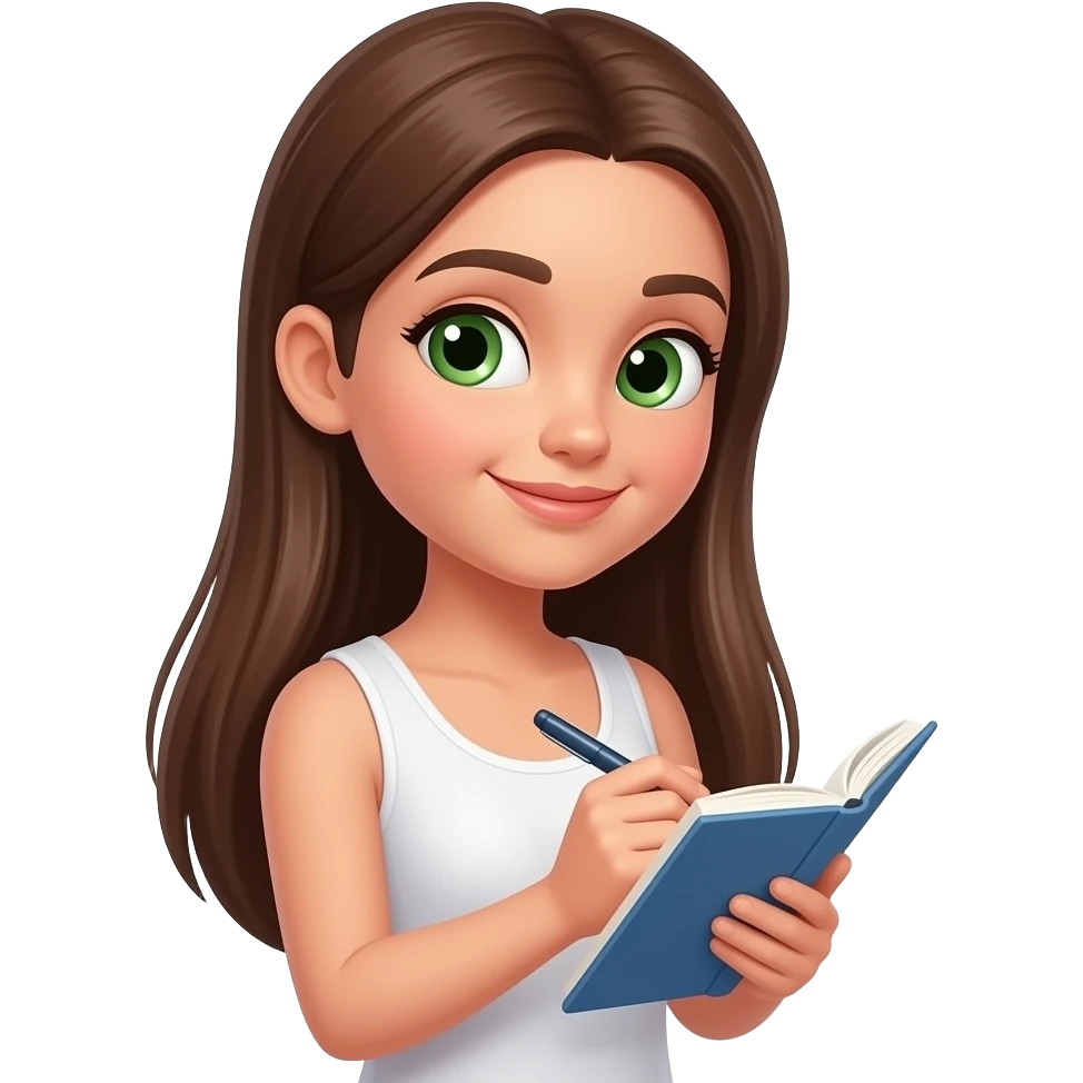 a brunette with long straight hair with green eyes writing down notes emoji