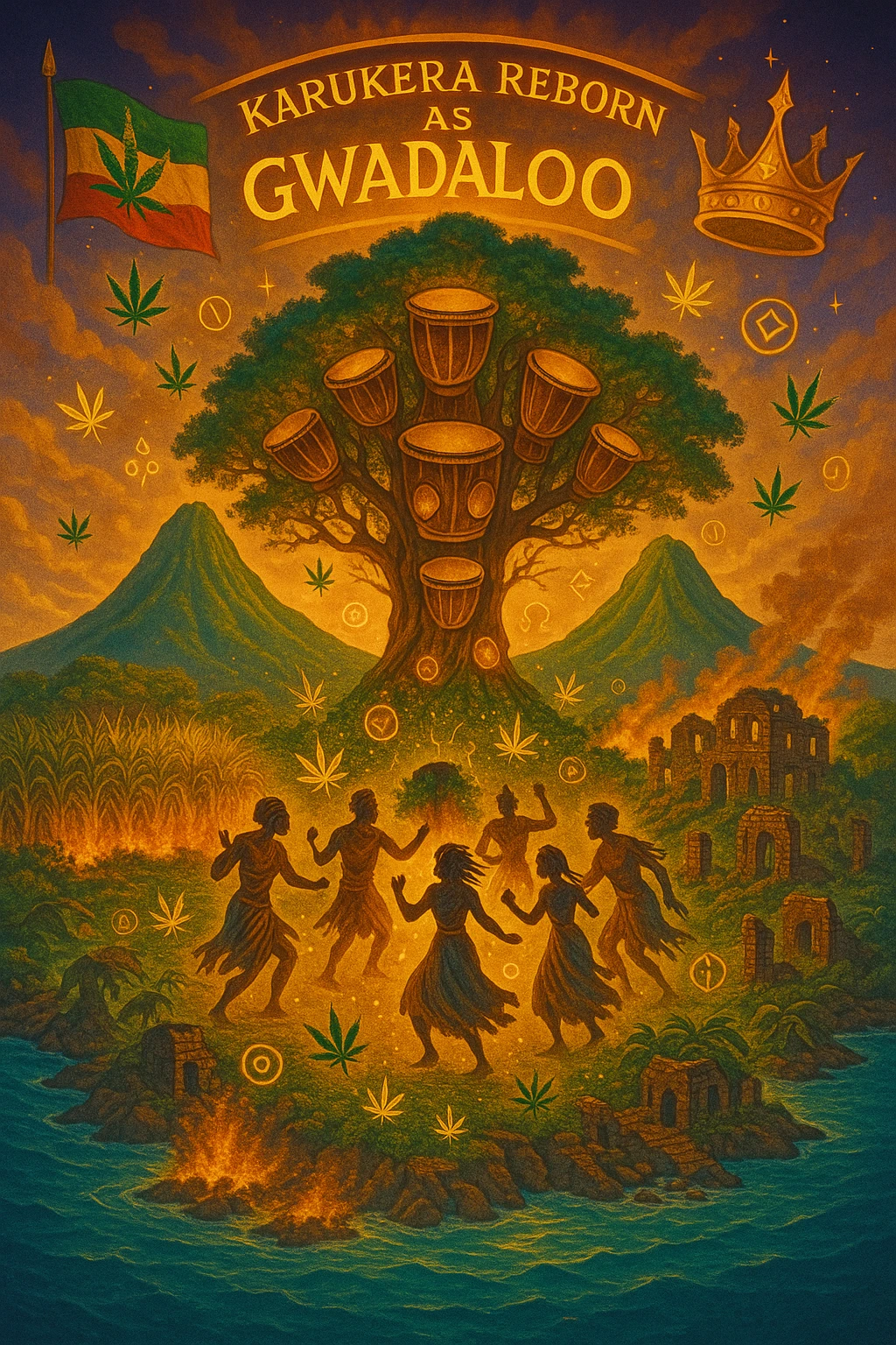 Create a powerful, surreal vision of the Caribbean island Guadeloupe, reimagined as ‘Guadeloupe' — its sacred, sovereign identity restored. The island is lush, tropical, and volcanic, with two green volcanoes glowing golden at the peaks. In the center stands a giant mystical Drum Tree, its branches bearing carved drums instead of fruit, glowing with rhythmic light. Ancestral spirits of African and indigenous lineage dance in a circle around the tree, surrounded by floating ganja leaves and sacred symbols. Sugarcane fields burn gently in the background, symbolizing the end of colonial suffering. Ruins of colonial buildings crumble into the earth, reclaimed by vines and jungle. Above the island, a glowing banner in the sky reads: ‘Karukera reborn as Gwadaloo.’ A ganja-leaf flag waves high in red, green, and gold, and a golden Creole crown floats in the sky above the island — not worn by any man, but held in rhythm. The ocean is turquoise, the light is divine, and the entire scene radiates spiritual victory, cultural remembrance, and cosmic rhythm. Use a warm, cinematic palette of golds, greens, blues, and purples. Style should feel epic, sacred, and symbolic — a rebirth of Caribbean power. emoji