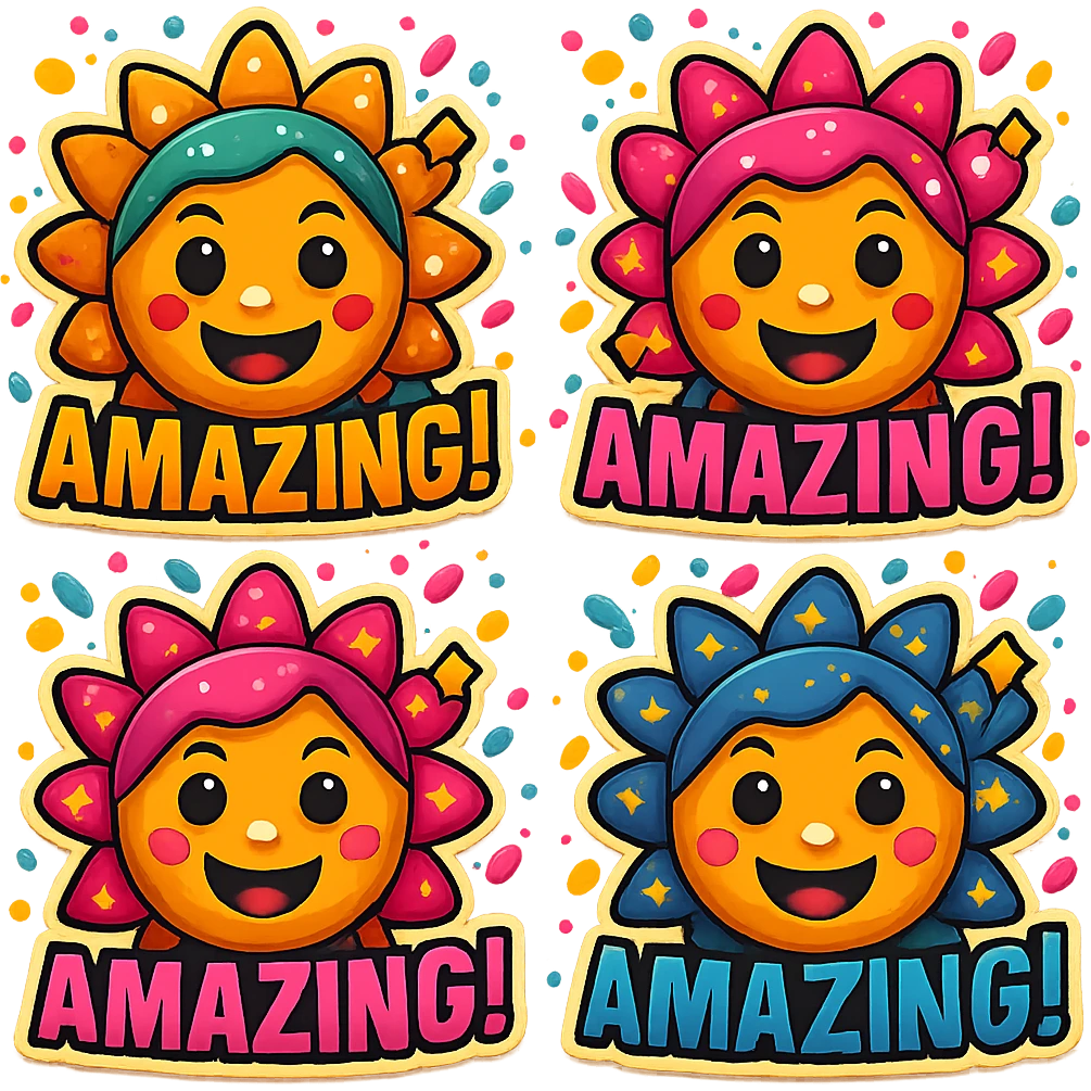 Add a festive confetti effect with changing colors and sparkling effects to each frame of this 'amazing!' emoji sequence. Keep the style consistent with the original and maintain no background. emoji