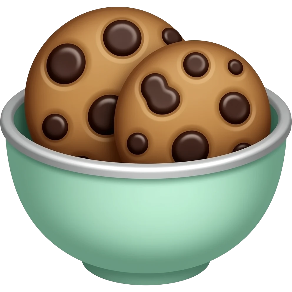 un bol vert pastel remplit de cookies aux chocolats. La vue est en 3/4 Ajoute subtilité pour renforcer l'impression de luxe de la scène. L'ensemble est isolée sur un fond blanc. emoji