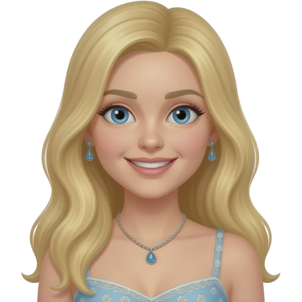 Blonde girl, pale skin, smile, blue eyes, earrings and necklace, in dress emoji