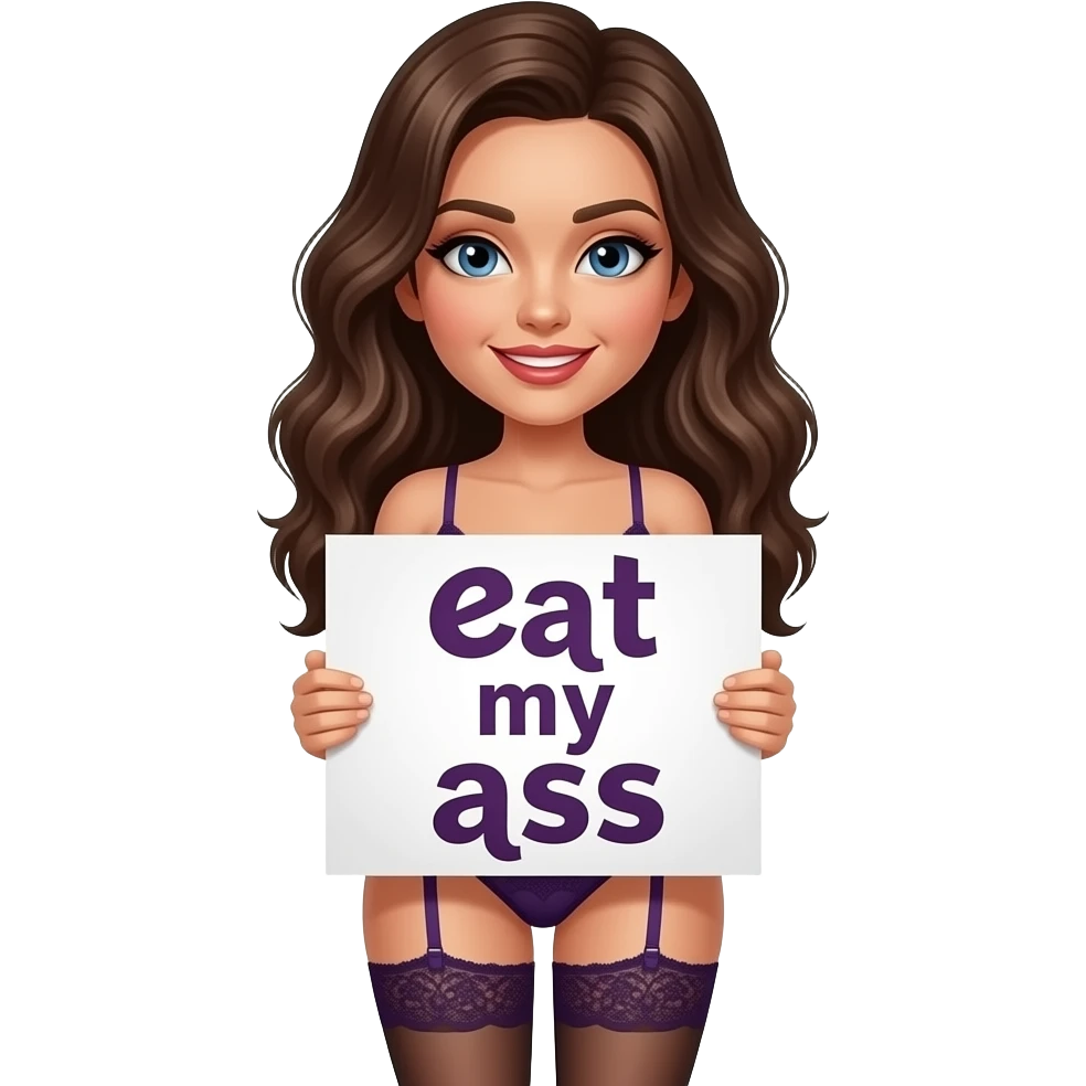 sexy girl in lingerie holding a sign that says “eat my ass” emoji