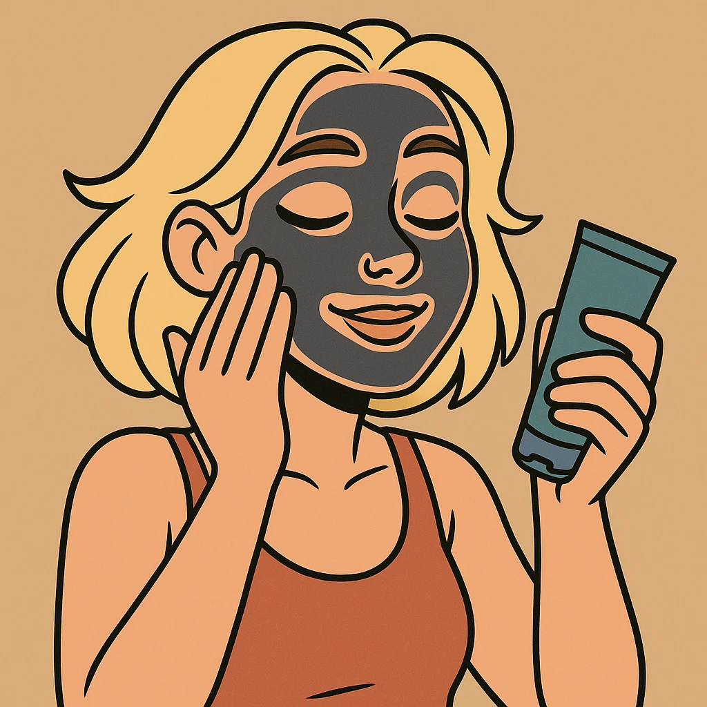 Add a skincare facial mask on the blonde woman with a nose piercing, keep the flat toon style. emoji