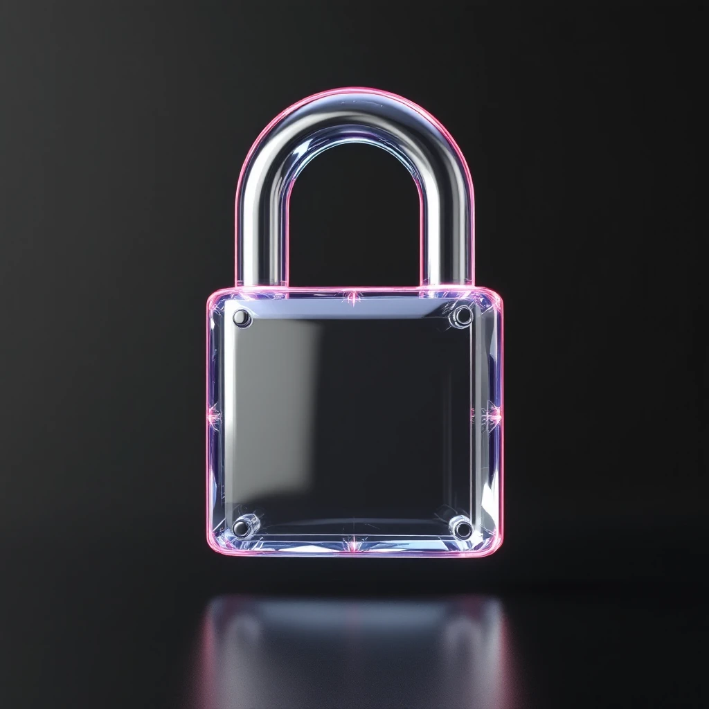 Photo of a 3d made of glass padlock, black void around symmetrical 3d render, rim light emoji