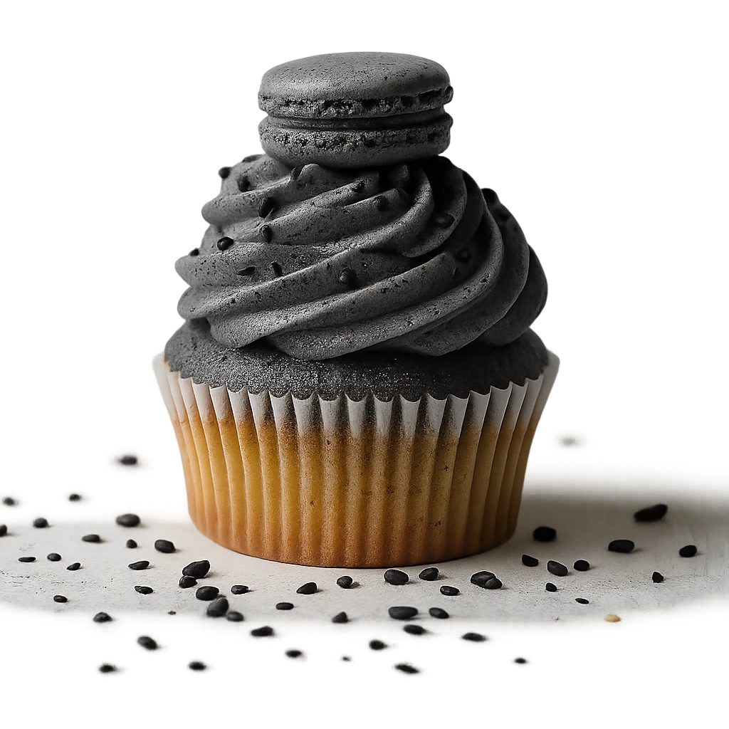 Change the icing to black sesame: dark gray, slightly glossy, speckled with black sesame seeds. Keep the realistic cupcake and accessories in photorealistic style with transparent background. emoji