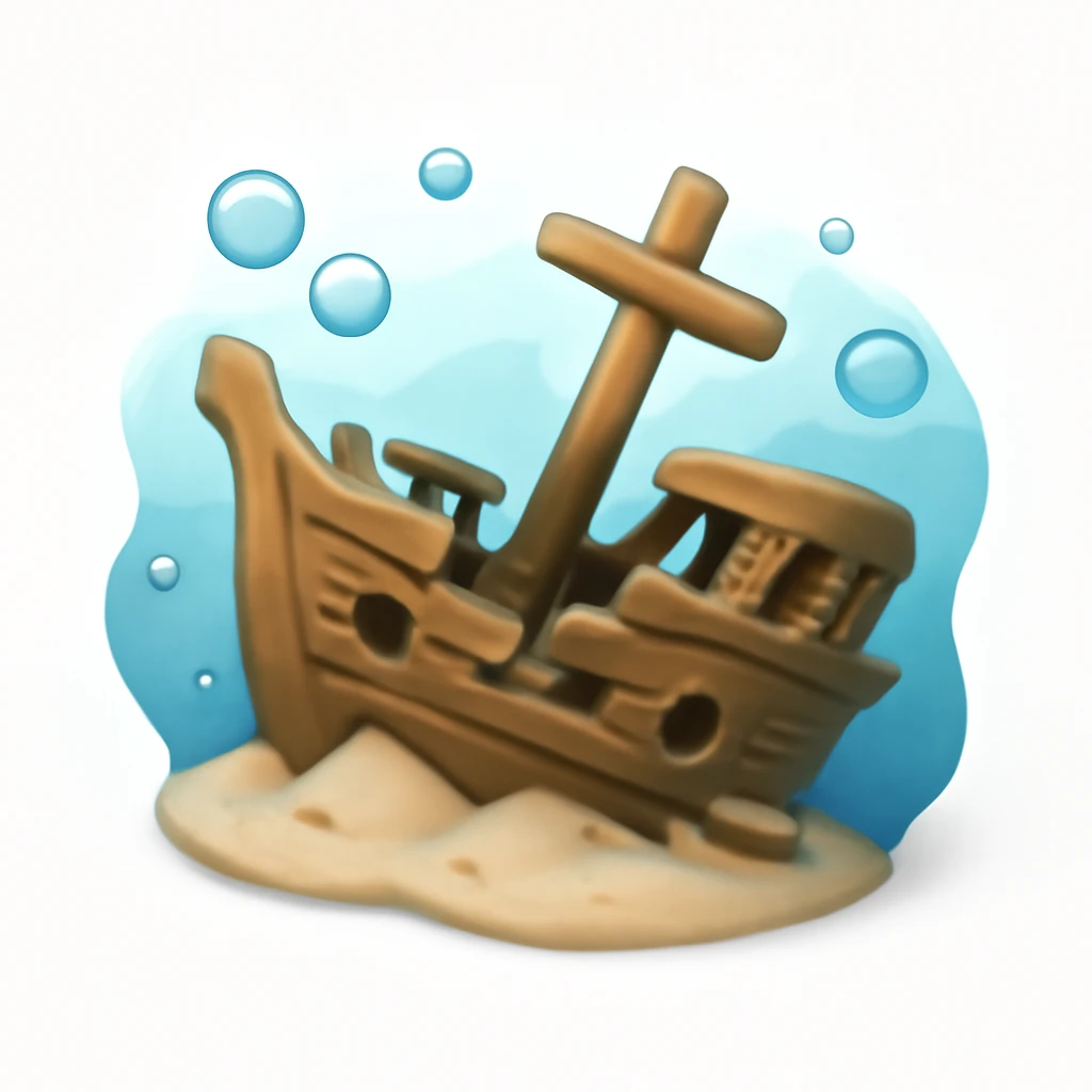 3D iPhone style emoji of a sunken ship underwater, lying on the ocean floor, broken details, surrounded by bubbles and soft blue water effect, isolated on white background, soft shadows, high detail, playful and cute. emoji