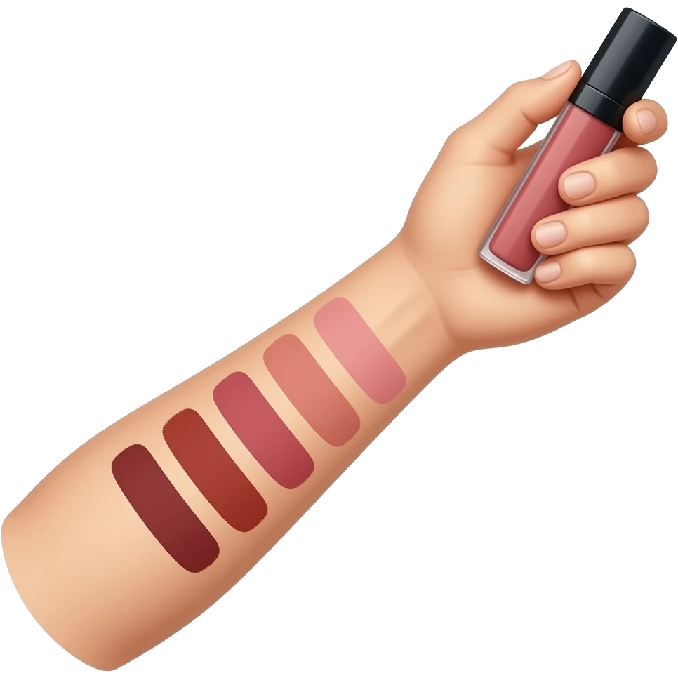 A single hand holding a matte liquid lipstick tube, with the forearm extended downward. The skin tone is light. The forearm is covered in multiple horizontal swatches of warm-toned lip colors ranging from nude pinks to deep reds and terracotta shades. The hand is manicured, natural-looking nails. emoji