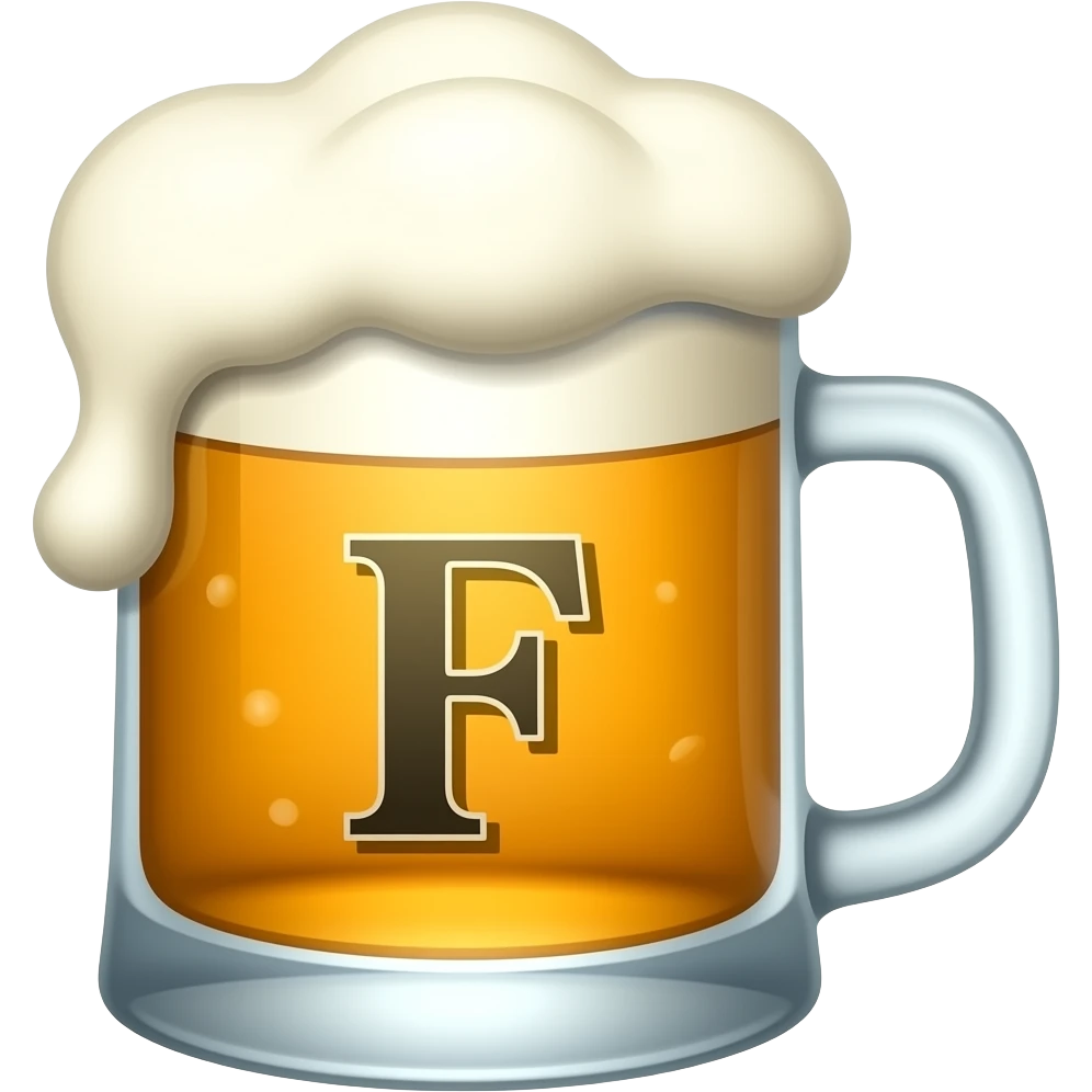 3D emoji style, glossy surface, soft shadows, white background, centered, overflowing beer mug with a capital F emoji