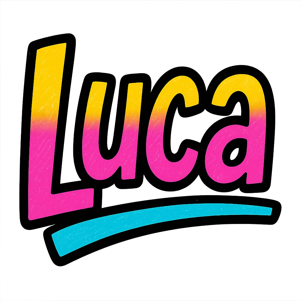 Luca name in modern colorful gradient font with dark outline, dynamic slanted or partial underline, transparent background, in the style of reference patterns emoji