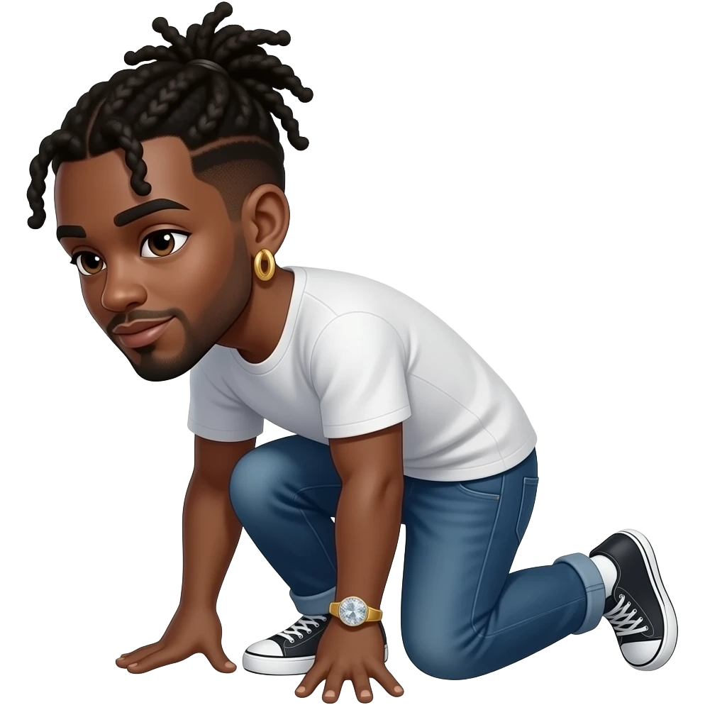 Make black guy with dread bun and heart eyes, gold hoop earrings, bending knee, facing left with large oversized diamond ring emoji