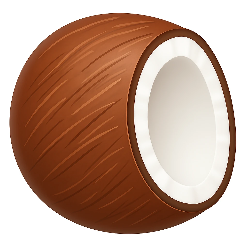 Create a coconut emoji that looks exactly like the reference image in the style of iOS emojis. The emoji should have a 3D appearance with shiny, smooth gradients, soft shadows, and a realistic coconut texture, capturing the classic emoji look. Add a glossy effect to the shell. emoji