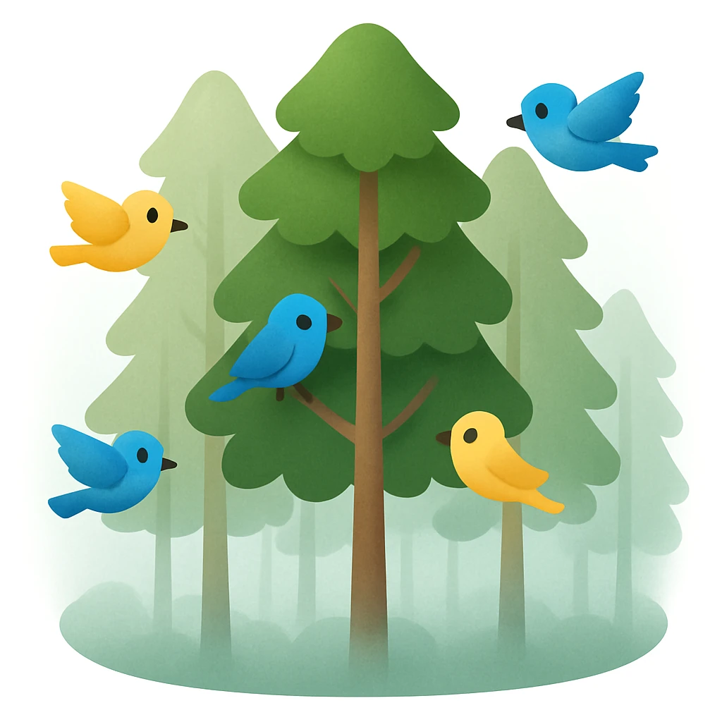 Create a forest emoji inspired by the reference image with tall thin trees, a misty atmosphere, and a simplified emoji-like style. Add a few cartoon birds perched or flying among the trees. The style should be similar to the reference but adapted for emoji use. emoji
